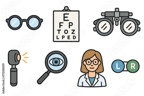 Optometry icons collection. Ophthalmology equipment set for vision care. Vector illustration with optometrist, phoropter, eye chart, glasses for medical eye exam concept.