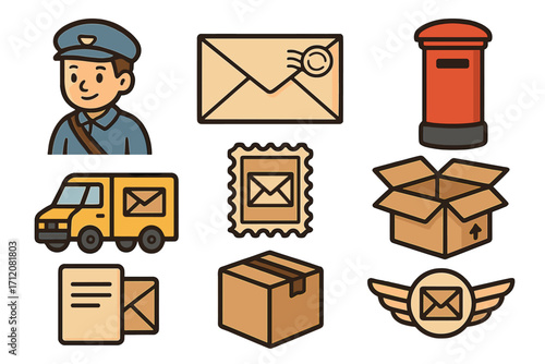 Post office icons vector set with mailman, postal truck, mailbox, postage stamp, letters, packages, and delivery concept cartoon illustrations on transparent background