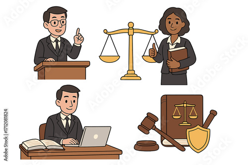 Legal professionals in office and courtroom settings with law book, gavel, shield, scales of justice, business suit, laptop, lawyer advice concepts, lawyer teamwork vector illustration
