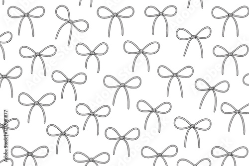 Seamless pattern with thin delicate bow knots, gift ribbons in checkered layout, trendy hair braiding accessory, hand drawn decorative vector illustration, Valentine’s Day romantic decor