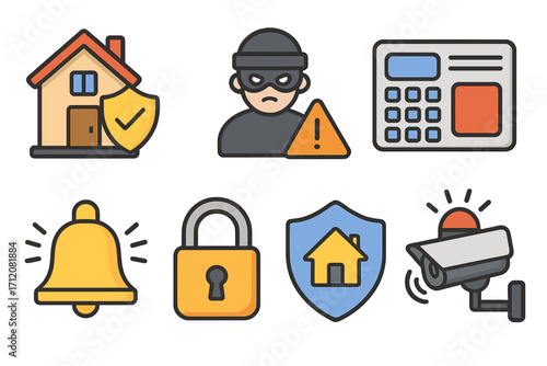 Set of residential security icons, vector cartoon illustration with house protection, burglar alert, keypad, alarm bell, padlock, shield, security camera, home safety concepts