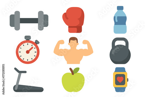 Set of vector fitness and health icons with gym equipment, stopwatch, boxing glove, water bottle, treadmill, kettlebell, smartwatch, muscle man, and apple for workout and exercise concepts