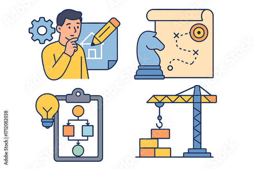 Teamwork concept illustration with creative planning, strategy map, flowchart, and construction crane building blocks, business process management, teamwork and collaboration ideas