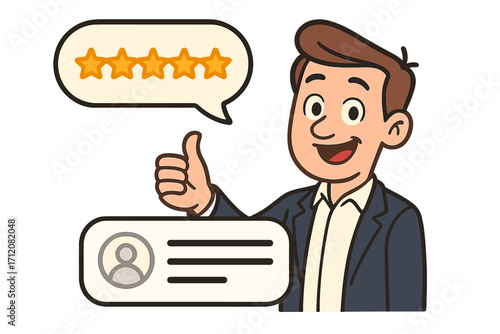 Happy satisfied customer giving thumbs up with five-star rating, positive testimonial review concept, vector cartoon illustration with transparent background