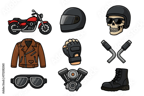 Motorbike biker gear icons set, cartoon vector illustration with helmet, leather jacket, gloves, boots, goggles, engine, skull with helmet and handlebars, riding equipment collection