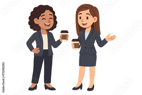 Two business women enjoying coffee break together, professional female colleagues chatting happily, corporate work environment, vector cartoon illustration, transparent background