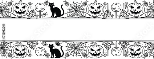 Whimsical black cat and jack-o'-lanterns create a festive Halloween border