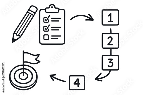 Action plan process with hand drawn elements. Infographic of business strategy with pencil, checklist, and target goal. Step by step roadmap to success concept vector.