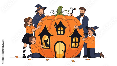 Halloween Pumpkin House Creation: A Family's Joyful Teamwork: A harmonious family joins forces to craft a whimsical pumpkin house, brimming with spooky charm and festive anticipation for Halloween.