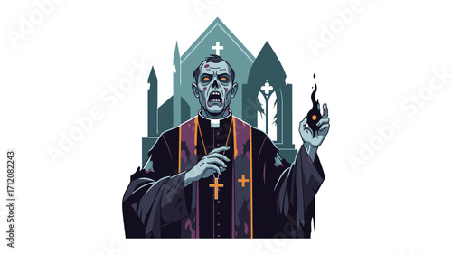 Zombie Priest: A haunting illustration depicts a zombie priest in tattered vestments, raising a hand towards a mystical flame, with a crumbling church looming in the background.