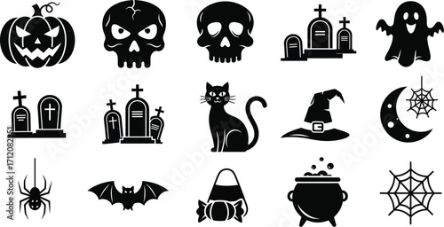 Spooky Halloween icons featuring ghosts, skulls, pumpkins, and bats for festive decorations