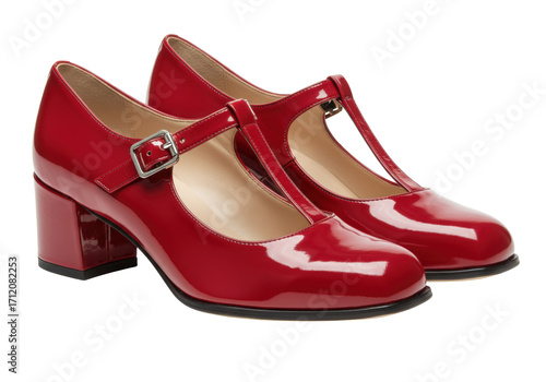 Isolated Two red shiny leather T-strap mary jane high heels shoes footwear stylish fancy trend