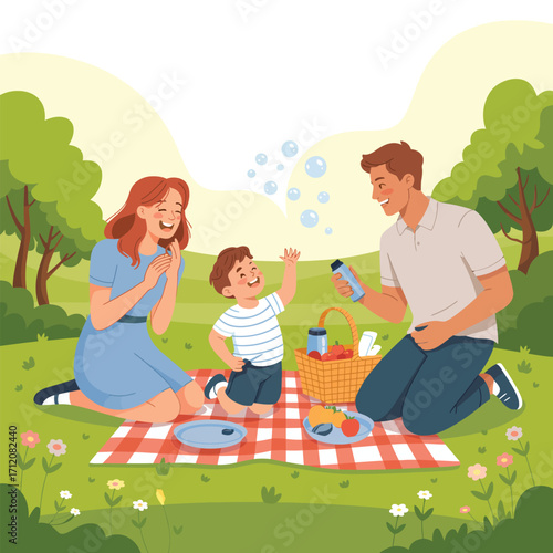 Family enjoying a picnic and blowing bubbles in a park Keywords: family, picnic, park, bubbles