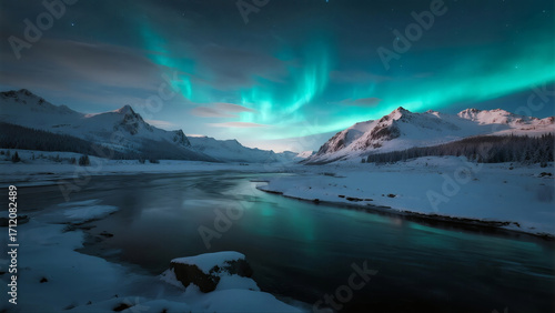 winter starry sky aurora snow mountain river