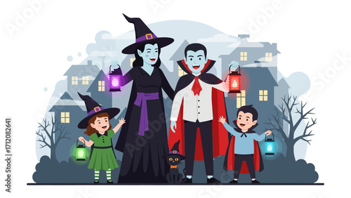 Halloween Family Outing: A cartoon depiction of a family embraces the spirit of Halloween, adorned in costumes, traversing through a spooky neighborhood, evoking a sense of festivity and excitement.