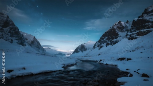 winter starry sky snow mountain river