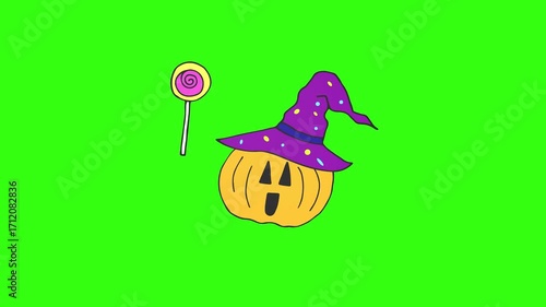 Halloween pumpkin with witch hat and lollipop candy flying on green screen background, festive spooky 2D animation for holiday, party and seasonal design, chroma key