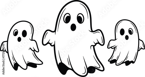 Three playful cartoon ghosts floating together with surprised expressions