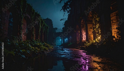 Mystical Nighttime Scene A Dark and Moody Urban Landscape with Stone Structures and Eerie Lighting