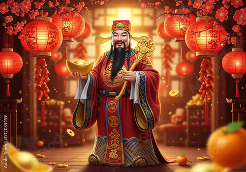 Chinese God of Wealth Illustration Cai Shen, Gold, Lanterns, Prosperity and New Year Celebration.