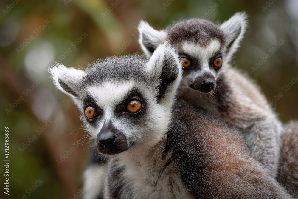 Obraz premium Close-up of a ring-tailed lemur mother carrying her baby