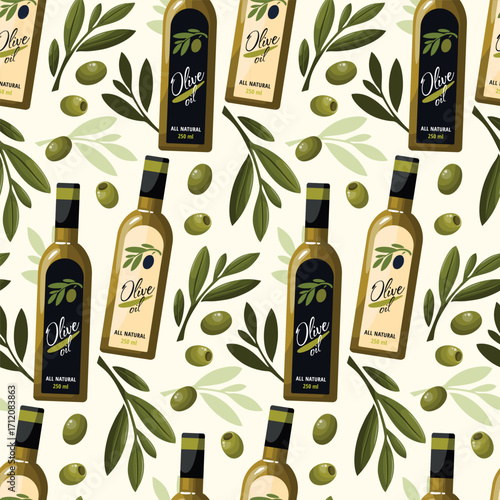 Glass of bottles with Olive Oil with Green Olives and Leaves on white background. Seamless pattern background. Italian and Greek cuisine element.