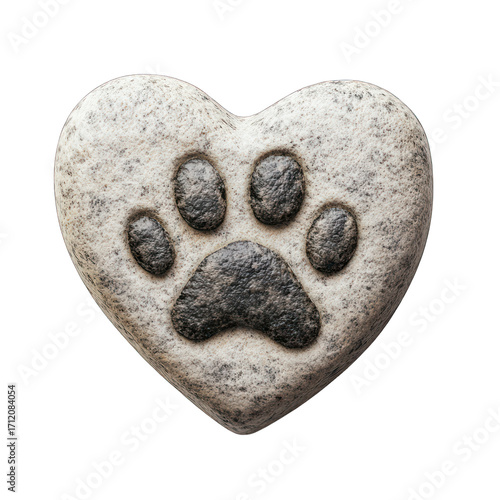 Stone heart with paw print symbolizing pet love and care