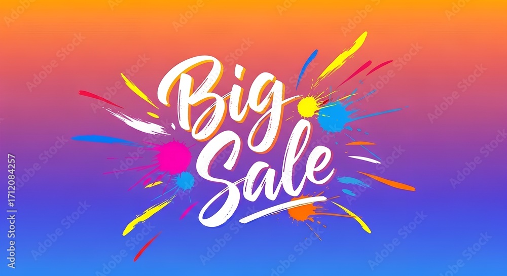 Obraz premium Big Sale brush script typography with vibrant colors and paint splatter.