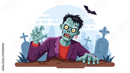 Zombie Rising from Grave: An illustrative scene of a ghoulish zombie emerging from a graveyard, the undead figure's grotesque features and a solitary bat overhead creates a scene of spooky charm.