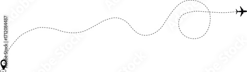 Airplane line path route travel vector concept. Plane routes dotted paths aircraft travel route start point flight destination black airplane. Airplane dashed line path flat style design isolated