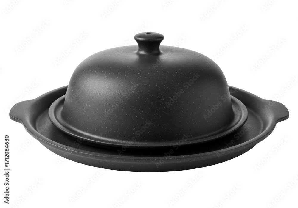 Fototapeta premium Isolated speckled black earthenware dish and lid for serving food ready to use, studio shot
