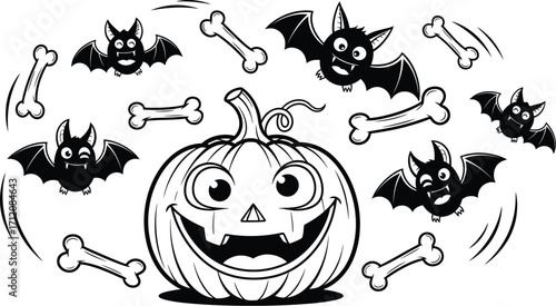 Spooky Halloween pumpkin and flying bats with bones