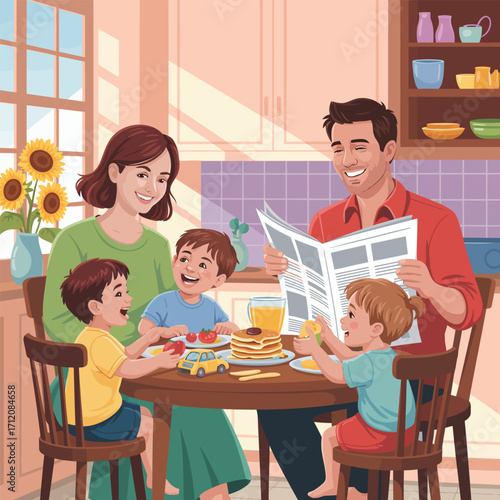 Family enjoying breakfast together at a kitchen table with pancakes vector illustration