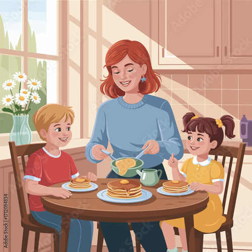 Family enjoying pancakes for breakfast at a kitchen table Keywords: family, breakfast, pancakes