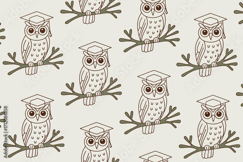 Seamless pattern of cartoon owls wearing graduation caps perched on branches on a light background