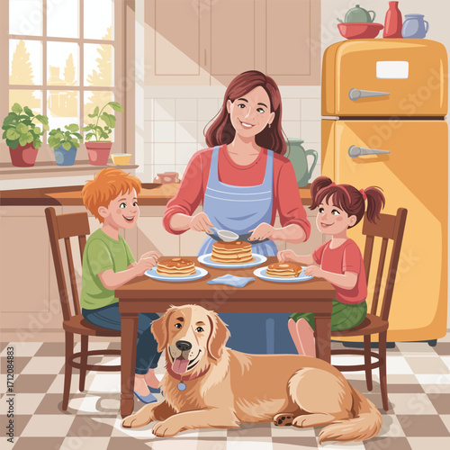 Family enjoying pancakes with a dog in a bright kitchen setting Keywords: family, kitchen