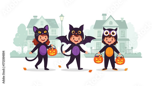 Halloween Trio: Three children, dressed in charming animal costumes, gleefully embark on a festive trick-or-treating adventure through a suburban neighborhood.