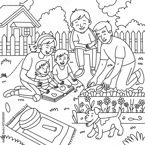 Family gardening and playing in a backyard with a dog and a playhouse vector illustration