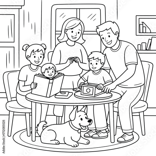 Family gathered around a table with a dog and books home children