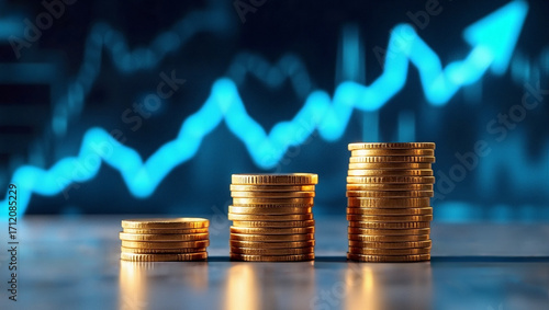 Wealth growth and investment returns, three piles of gold coins increasing from left to right, with a rising stock market chart as the background
