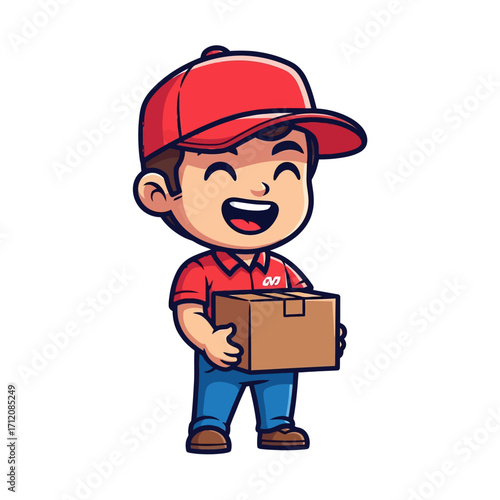 Cheerful Cartoon Delivery Boy Holding Cardboard Box.