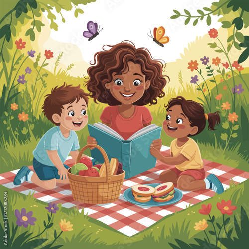 Family having a picnic and reading a book in a sunny park with butterflies Keywords: family