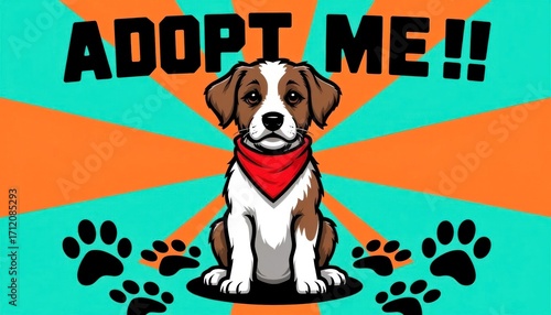 A cartoon dog with a brown and white coat sits wearing a red bandana. The background features vibrant colors with paw prints and the text 'ADOPT ME!!'.