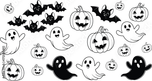 Whimsical Halloween characters including friendly ghosts, grinning pumpkins, and playful bats in a festive pattern.