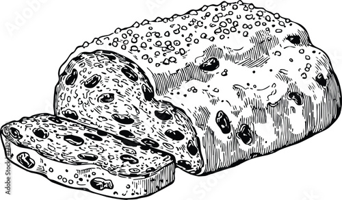 German Stollen Bread Etching and Engraved Illustration