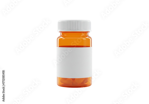 Isolated amber pill bottle mockup with blank label for medicine or supplements packaging