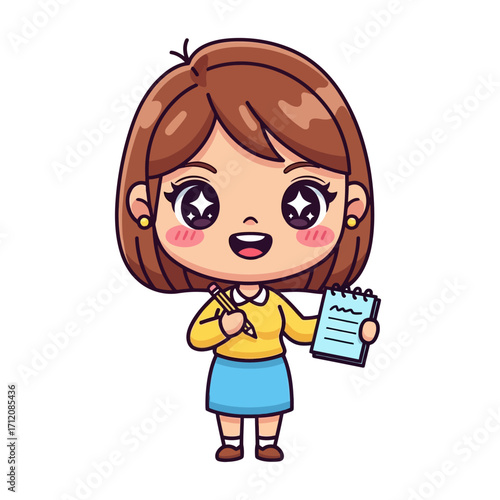 Cute Chibi Cartoon Girl with Sparkling Eyes Holding Pencil and Notepad.