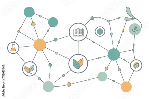 Illustration of a network with icons of a book, leaves, and a flask connected by lines and circles