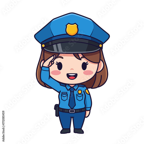 Cute chibi female police officer in a blue uniform and cap saluting with a smile.