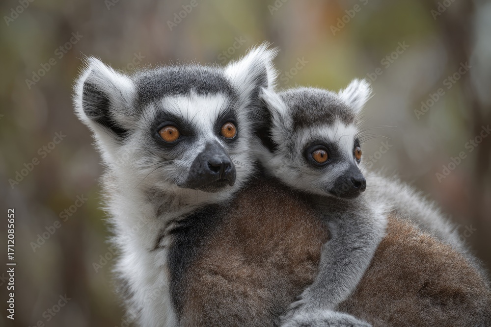 Obraz premium Close-up of a ring-tailed lemur mother and baby (1)